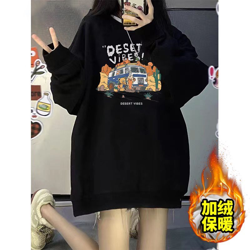 寬鬆oversize字母圓領衛衣女外套2023秋冬新款韓版加絨加厚上衣女
