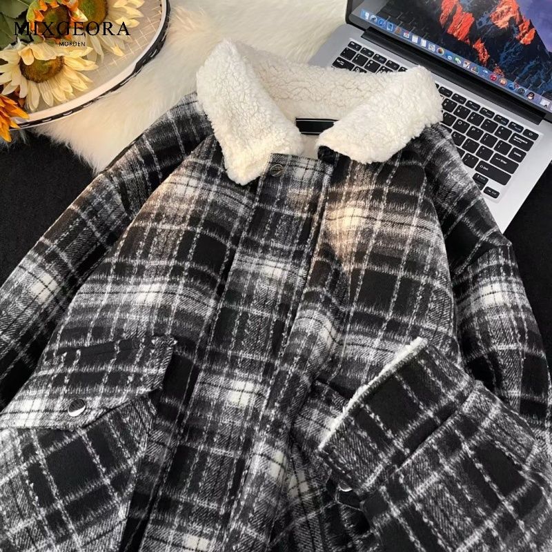 MIX GEORA autumn and winter plaid woolen small fragrant style cotton coat design trendy brand versatile loose casual warm cotton coat