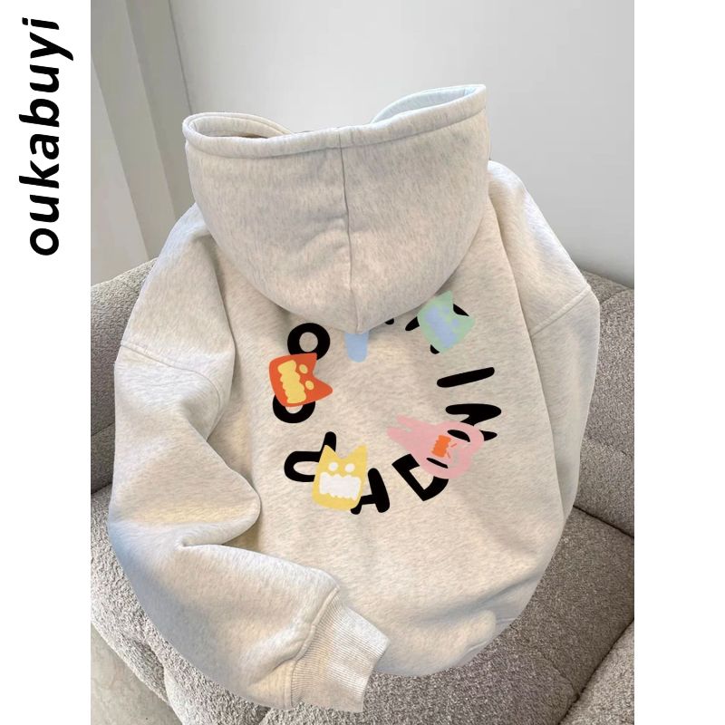 OUKABUYI450G重磅銀狐絨連帽衛衣女鹽系創意vibe小幽靈寬鬆上衣潮