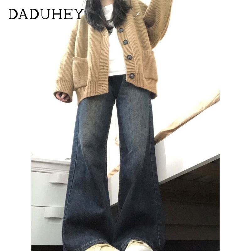 Retro blue and gray wide leg jeans for women in autumn and winter plus size fat mm loose high waist versatile casual straight floor mopping pants