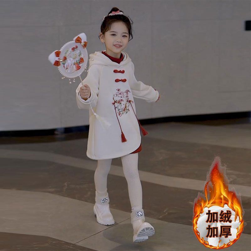 New Chinese style girls' dress autumn and winter  new children's national style embroidered sweatshirt skirt plus velvet New Year's clothing for girls