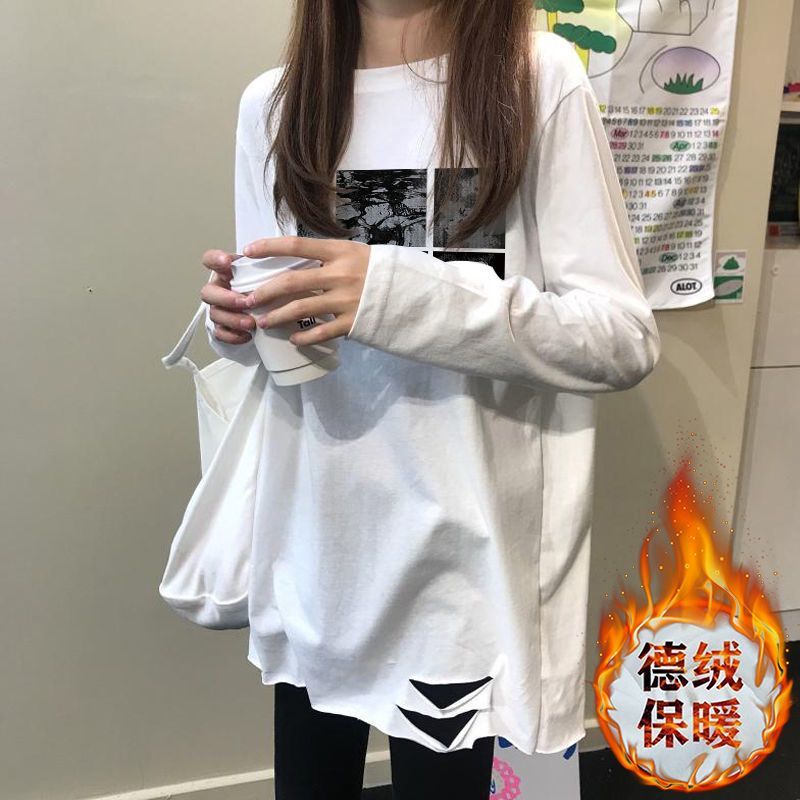 雙面德絨白色破洞t恤女中長款寬鬆加絨秋冬長袖上衣磨毛內搭打底