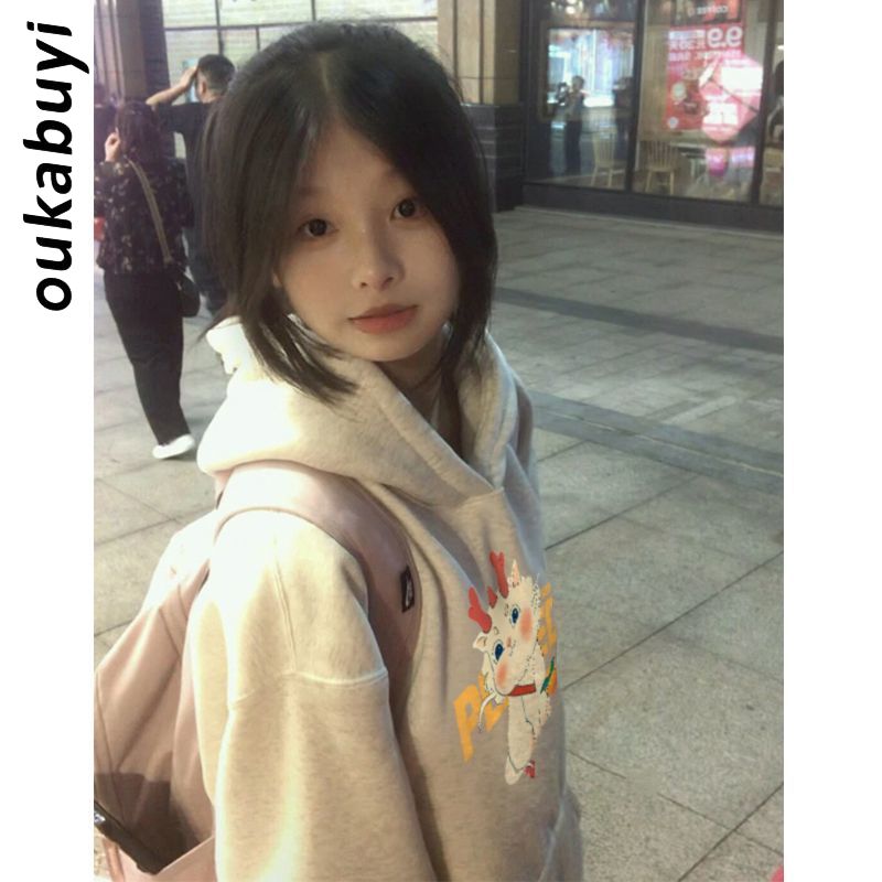 OUKABUYI450G重磅銀狐絨純棉連帽衛衣女國潮創意設計感甜美上衣潮