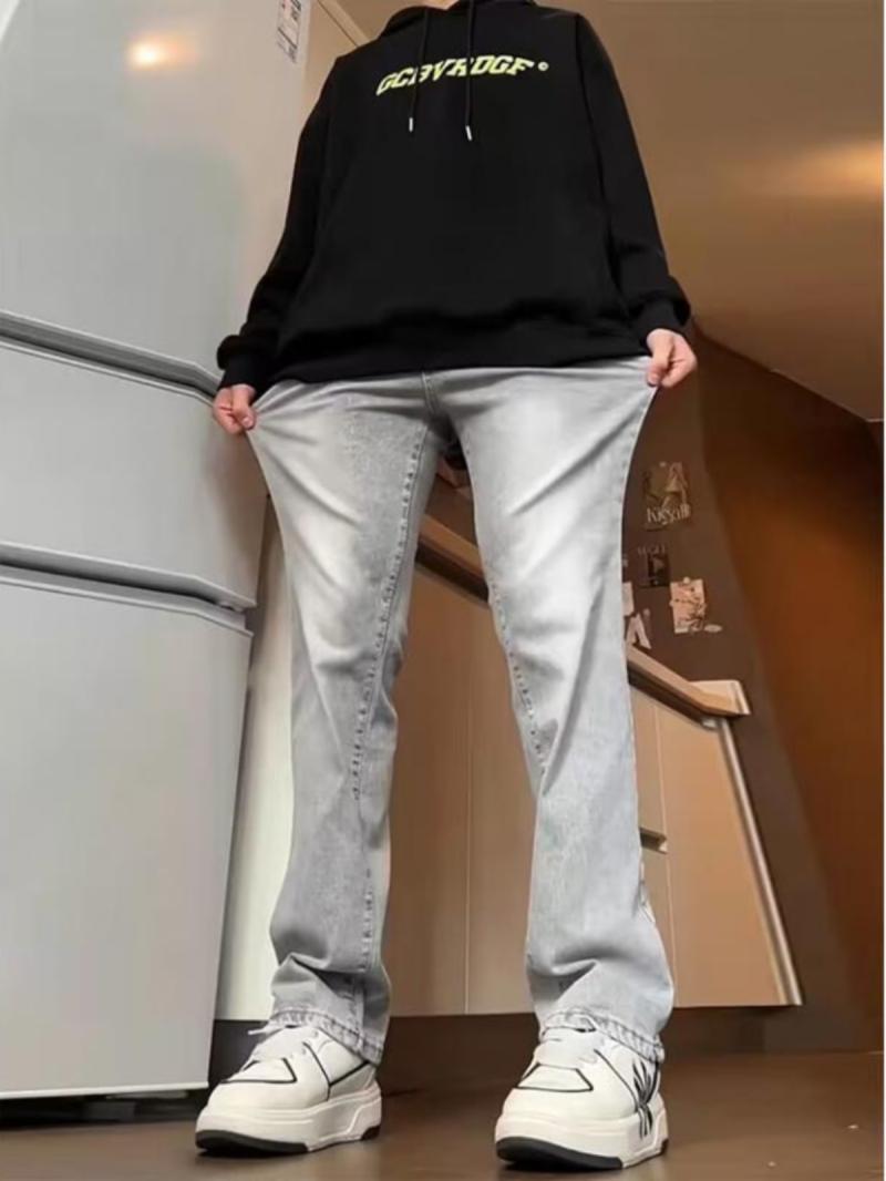 烟灰色牛仔裤男秋冬季加绒加厚微喇美式裤子高街vibe潮牌直筒长裤
