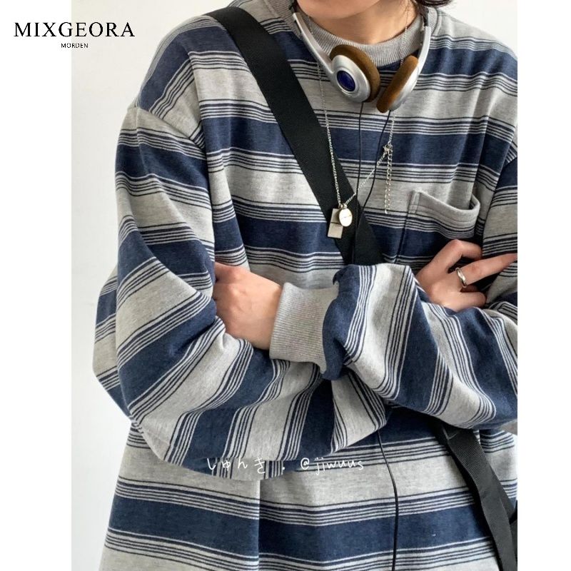 MIX GEORA復古舊寬鬆條紋圓領男女生日系潮牌休閒工裝情侶衛衣ins
