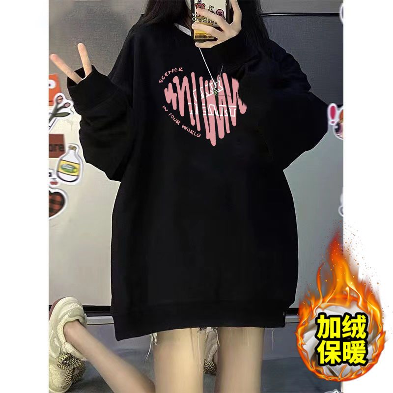 黑色加絨圓領美式復古衛衣女2023新款新款秋冬oversize慵懶風上衣
