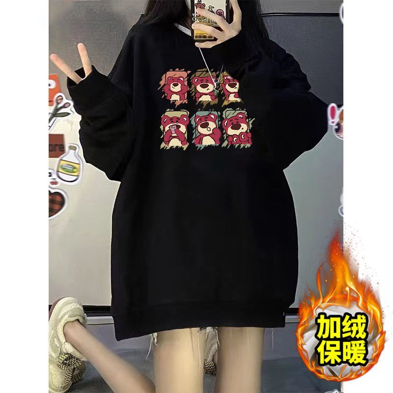 黑色加絨圓領衛衣女春秋款百搭oversize小個子美式復古印花上衣潮