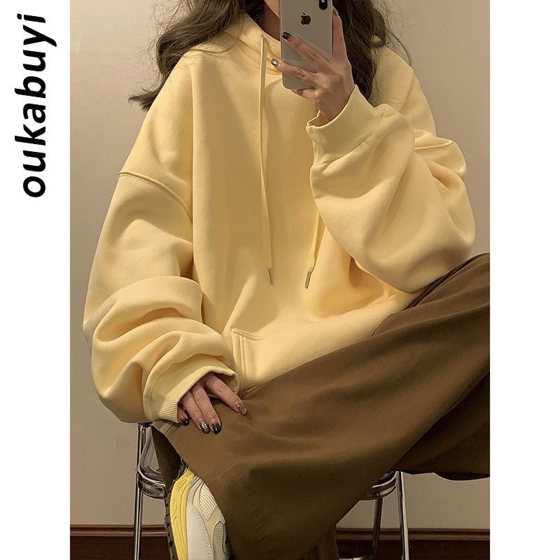 OUKABUYI450G重磅銀狐絨純棉連帽衛衣女美拉德純色氣質休閒上衣潮