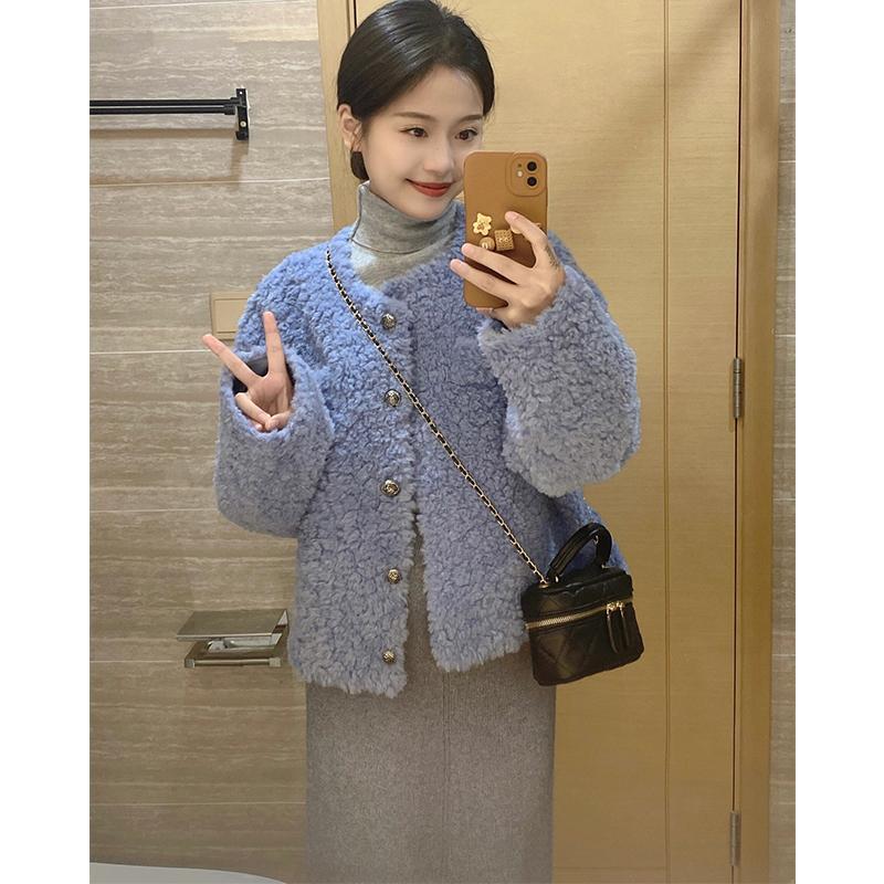 2023 winter short lamb wool coat for women blue collarless plush minimalist Korean style small high-end coat