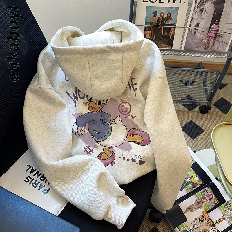 OUKABUYI100%純棉連帽衛衣女秋冬季歐美運動校園風卡通寬鬆上衣潮