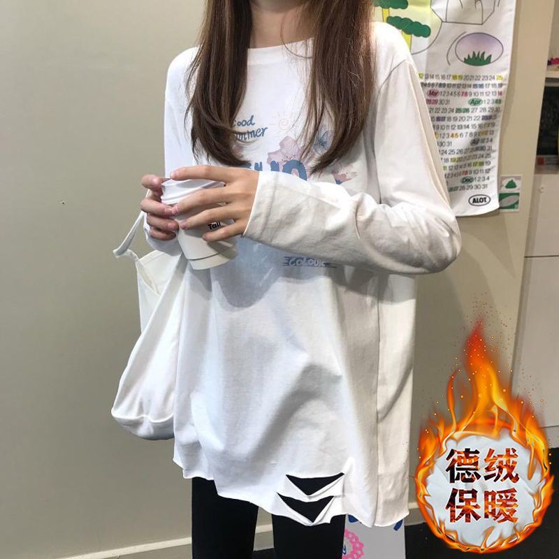 雙面德絨白色破洞t恤女中長款寬鬆加絨秋冬長袖上衣磨毛內搭打底