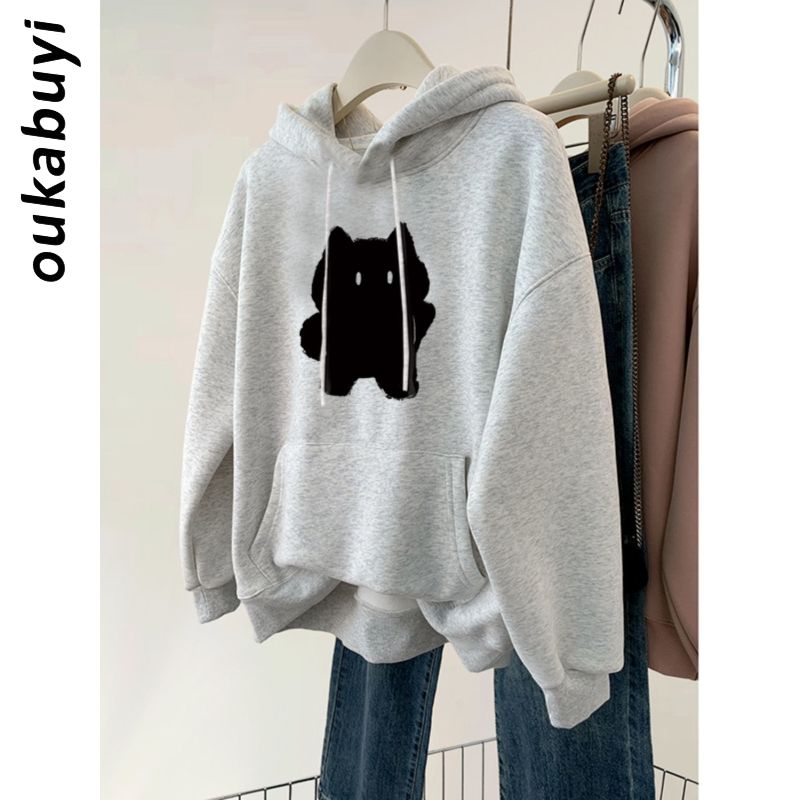 OUKABUYI450G重磅銀狐絨連帽衛衣女鹽系休閒甜美設計感學生上衣潮