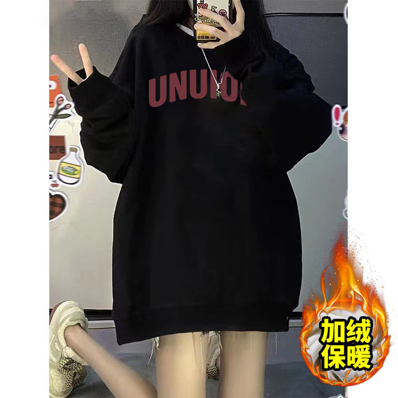 黑色加絨圓領美式復古衛衣女2023新款新款秋冬oversize慵懶風上衣