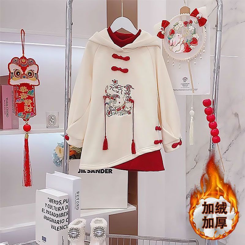 New Chinese style girls' dress autumn and winter  new children's national style embroidered sweatshirt skirt plus velvet New Year's clothing for girls