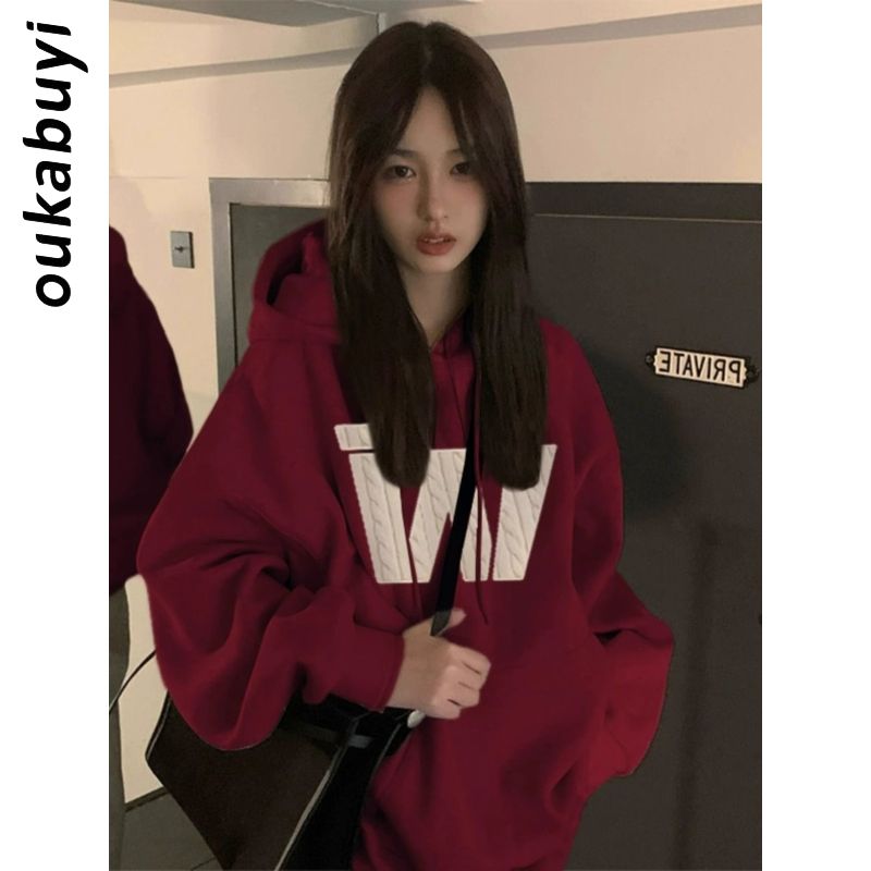 OUKABUYI450G重磅銀狐絨純棉連帽衛衣女國潮運動風個性休閒上衣潮
