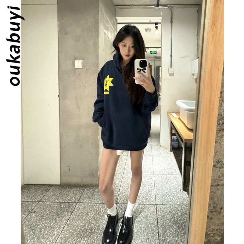 OUKABUYI100%純棉連帽衛衣女秋冬潮牌時尚設計感街頭個性寬鬆上衣