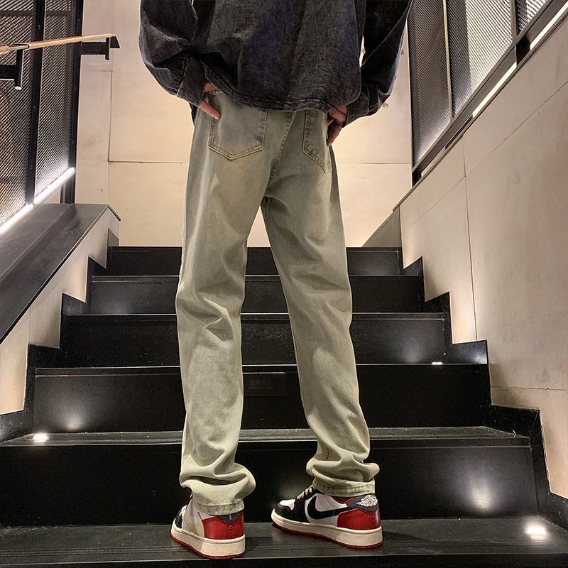 美式vibe風水洗黃泥牛仔褲男2023冬季加絨修身直筒顯瘦休閒長褲子