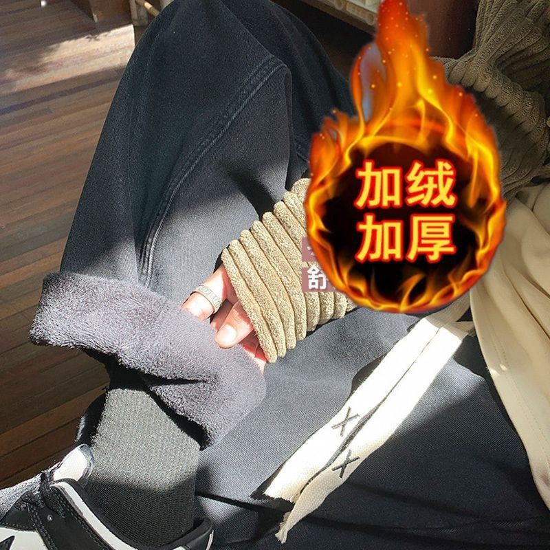 美式復古加絨加厚牛仔褲男秋冬抽繩鬆緊腰褲子痞帥直筒寬鬆闊腿褲