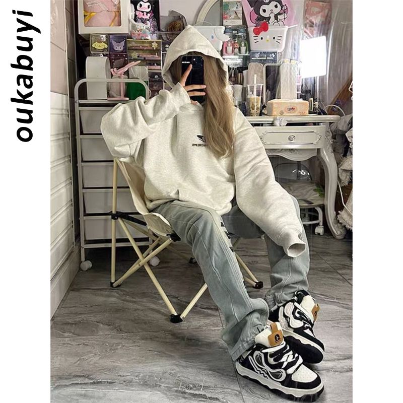 OUKABUYI100%純棉美式潮流連帽衛衣女校園美拉德加絨加厚寬鬆上衣