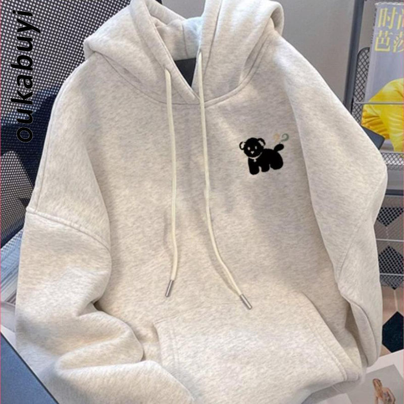 OUKABUYI100%純棉連帽衛衣女秋冬韓版小動物印花休閒百搭上衣潮流
