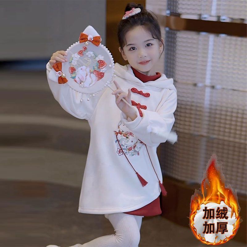 New Chinese style girls' dress autumn and winter  new children's national style embroidered sweatshirt skirt plus velvet New Year's clothing for girls