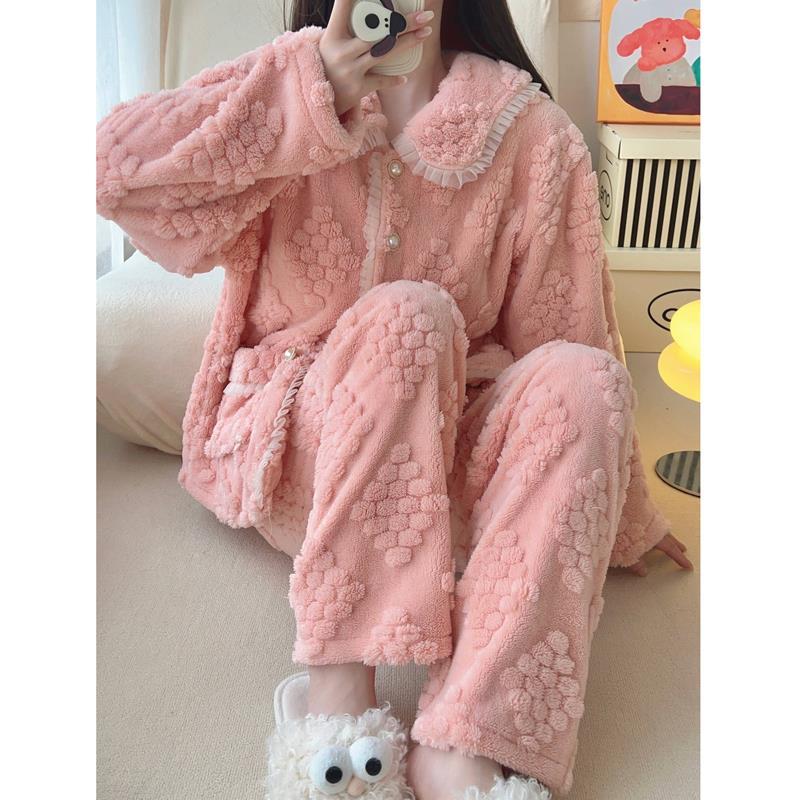 2023新款睡衣女秋冬季加厚加絨珊瑚絨高級感保暖法蘭絨家居服套裝