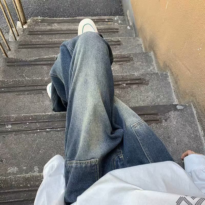 牛仔褲男秋季美式復古寬鬆直筒闊腿長褲高街vibe水洗做舊拖地褲子