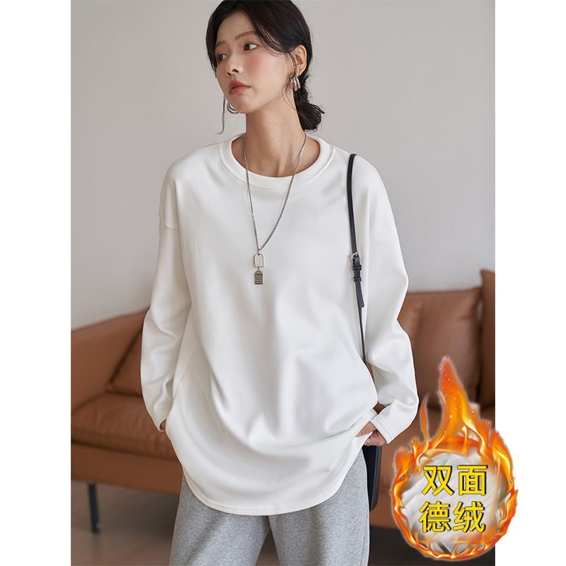 加厚雙面德絨圓領白色打底衫女加絨秋冬磨毛內搭純色寬鬆長袖t恤