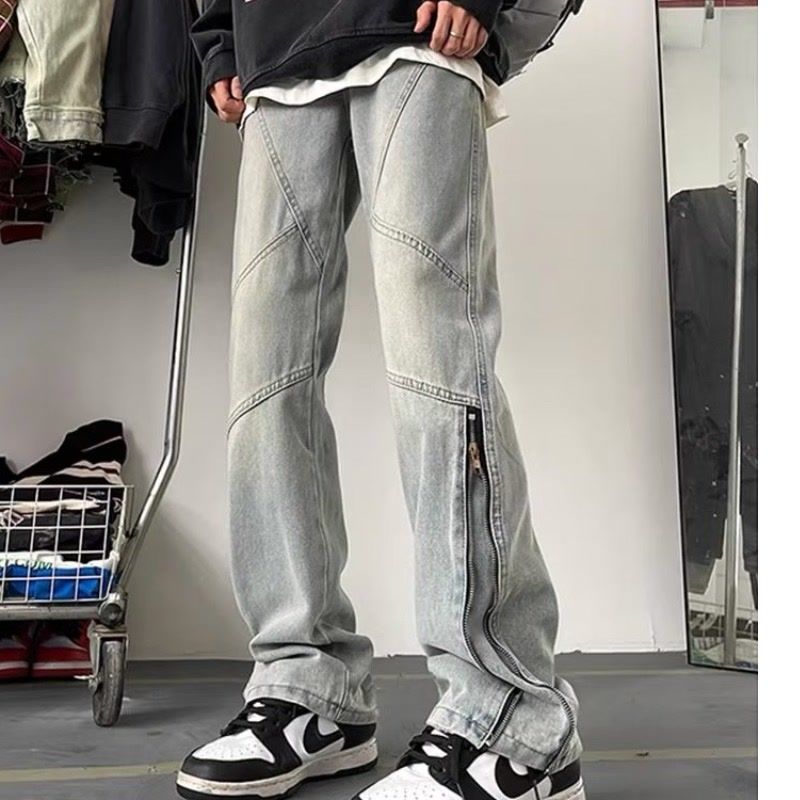 美式復古拉鏈微喇牛仔褲男秋冬加絨直筒微喇褲子高街vibe潮牌褲子