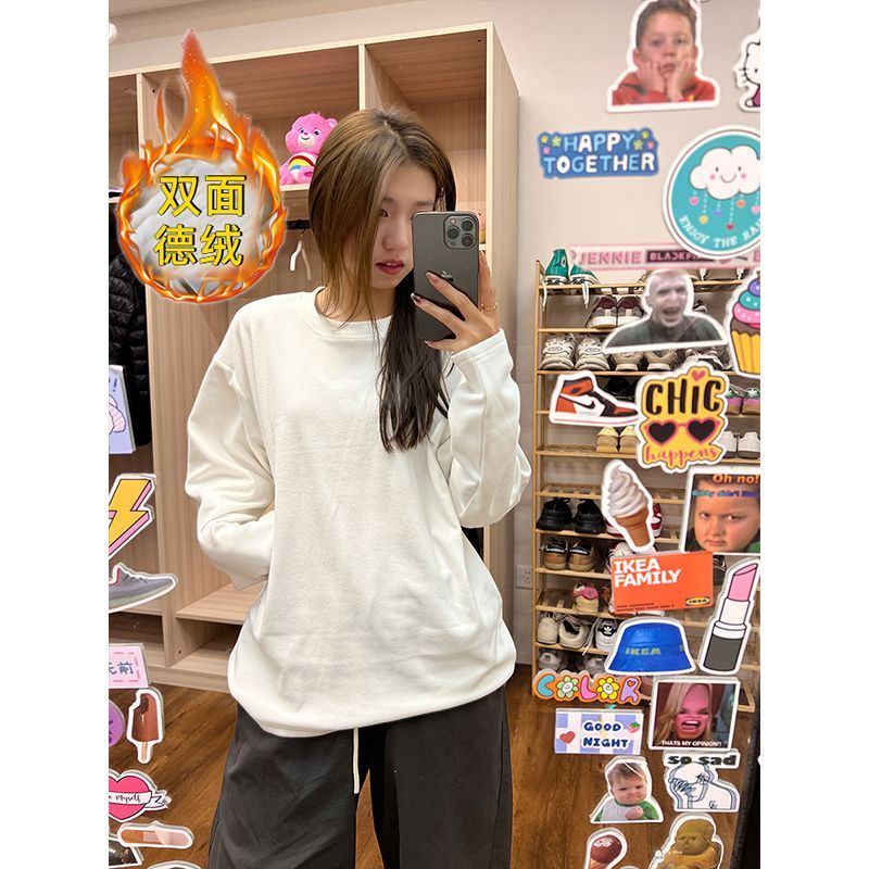 加厚雙面德絨圓領白色打底衫女加絨秋冬磨毛內搭純色寬鬆長袖T恤