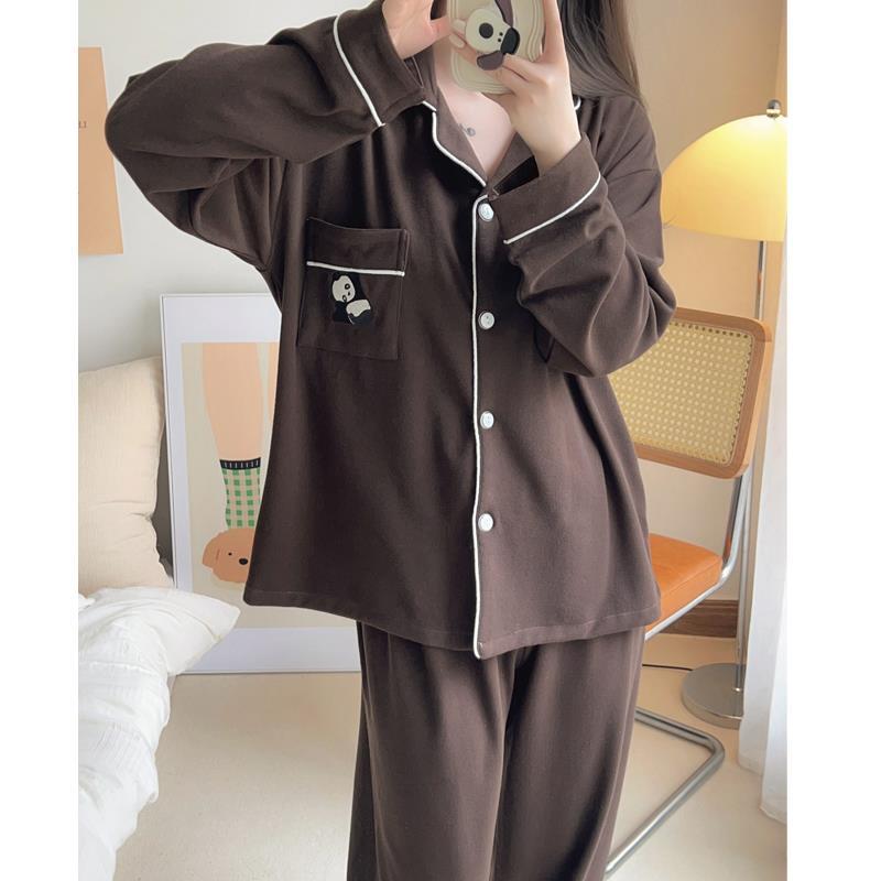 網紅咖色德絨睡衣女款春秋冬季長袖保暖可愛開衫家居服可外穿套裝