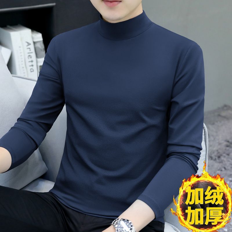 長袖t恤男冬季半高領潮牌打底衫加絨加厚保暖時尚內搭上衣男裝潮