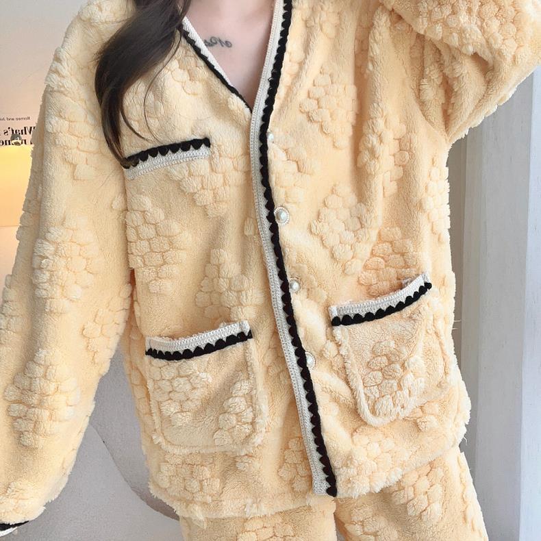 珊瑚絨睡衣女秋冬季加厚2023新款黃色小香風ins法蘭絨家居服套裝