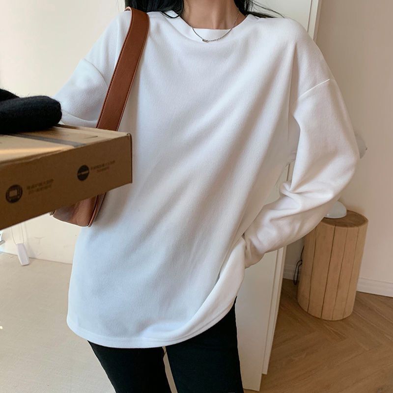 秋冬季德絨磨毛長袖t恤女常規款韓版寬鬆休閒大碼加厚保暖打底衫