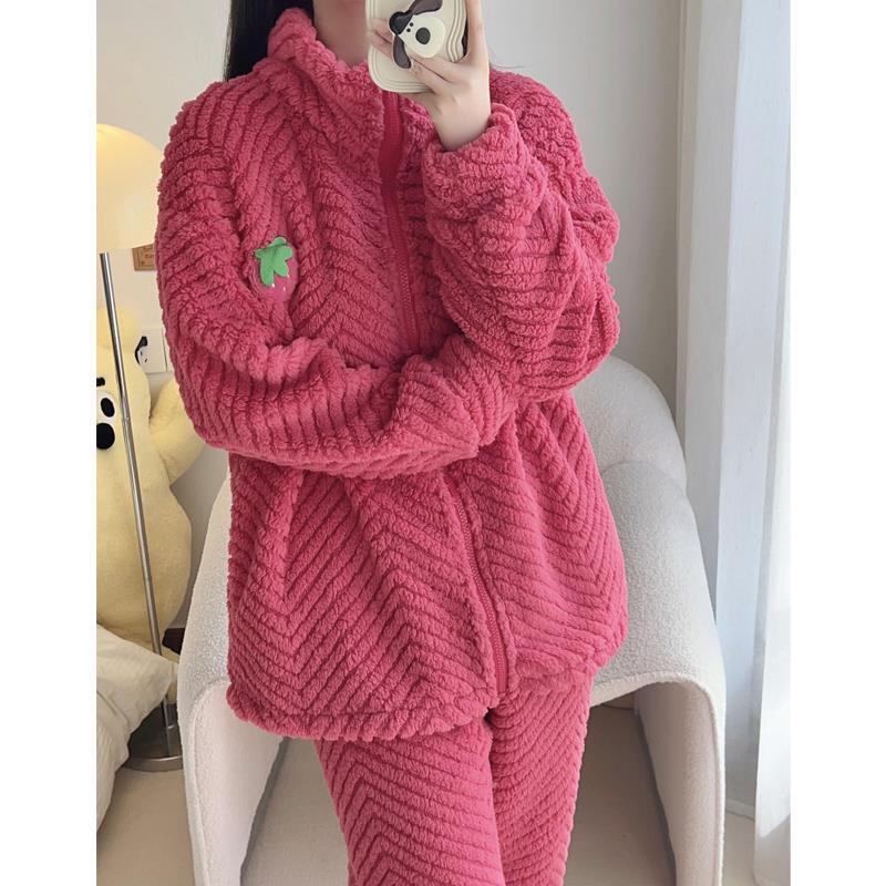可愛草莓珊瑚絨睡衣女款冬季加厚日系甜美可外穿套裝法蘭絨家居服