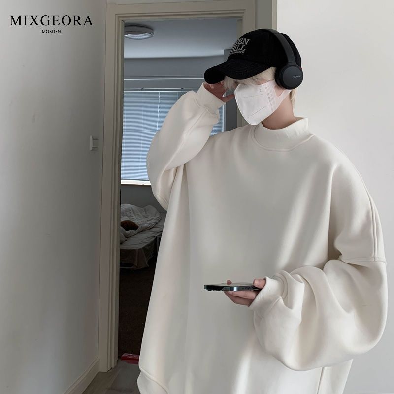 MIX GEORA turtleneck sweatshirt men's winter solid color velvet bottoming long-sleeved large size inner top oversize