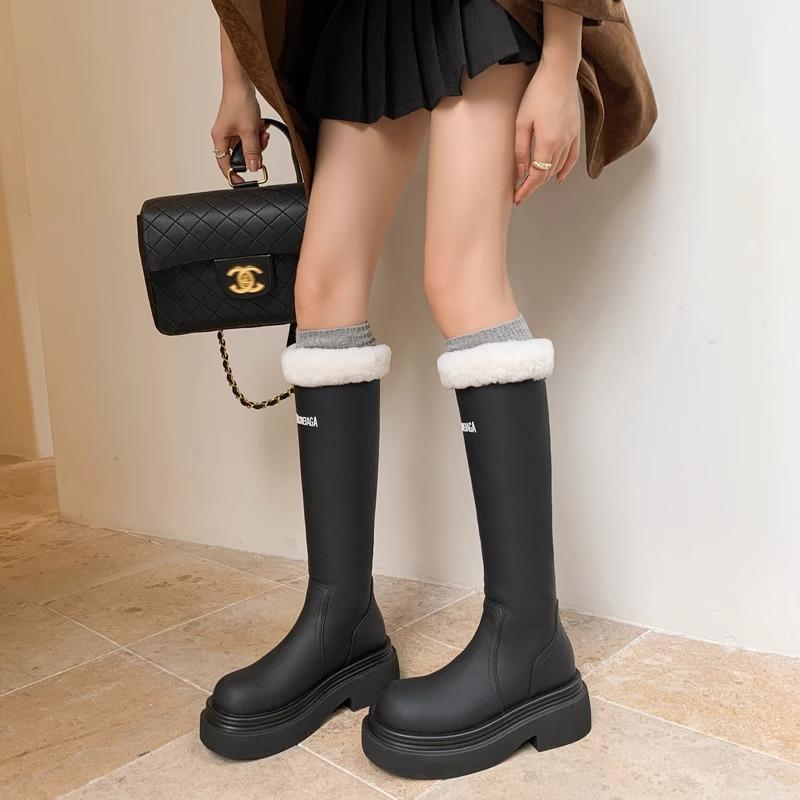 Letter elastic slim furry boots for women, thick soles, heightening rain boots, tall knight boots, thick heel snow boots, trendy