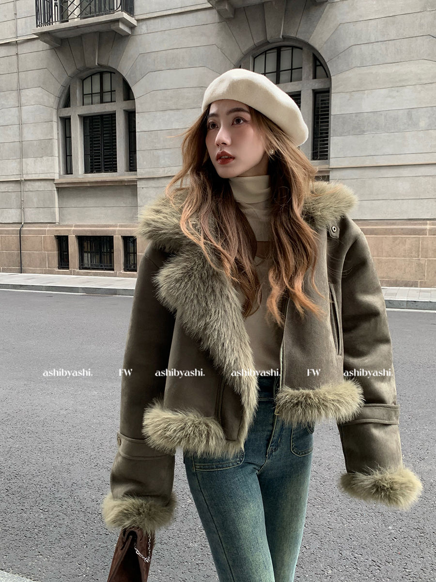 2023 New Fur One-piece Jacket Imitation Suede Short Motorcycle Jacket Women's Slim Korean Style Casual Jacket Winter