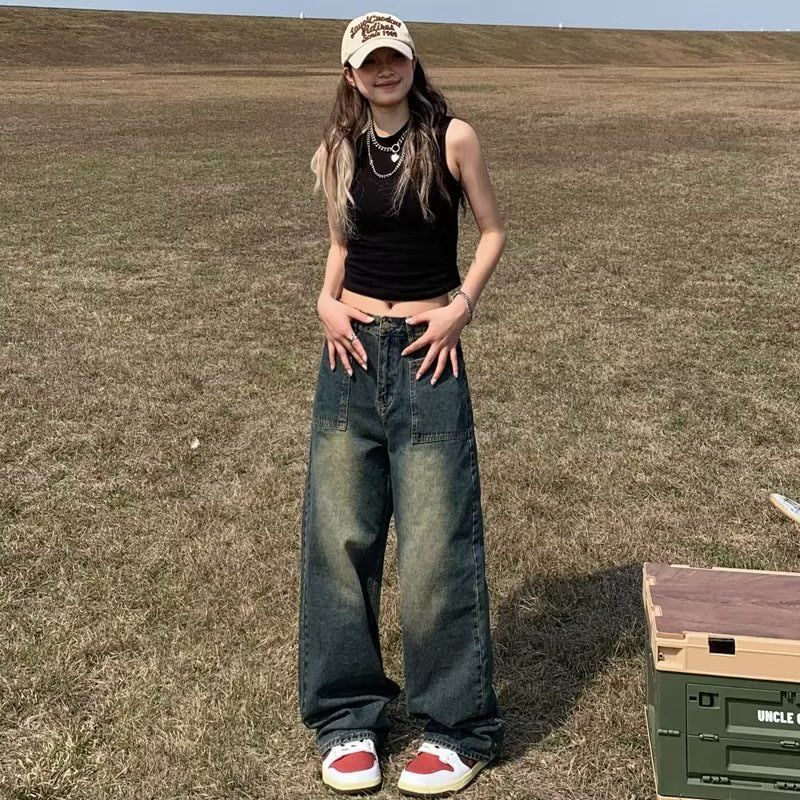 美式復古做舊褲直筒褲牛仔褲男女秋冬季高腰寬鬆闊腿褲拖地長褲子