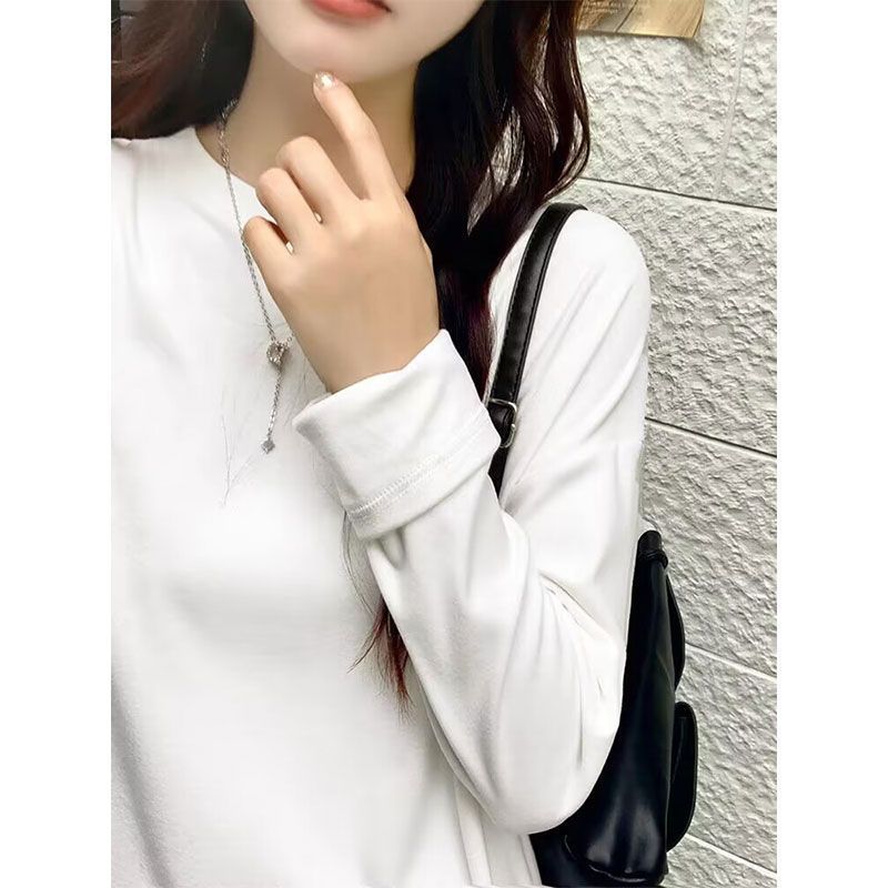 秋冬德絨加絨加厚白色長袖T恤女百搭新款寬鬆打底衫純色內搭上衣