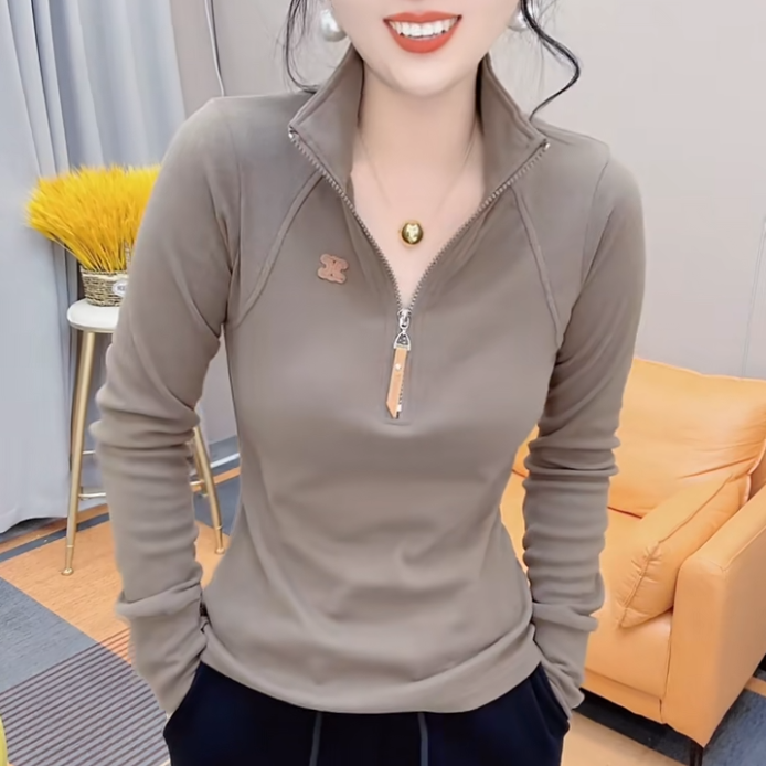 大碼立領半拉鏈T恤女2023秋冬新款洋氣顯瘦保暖百搭打底上衣小衫