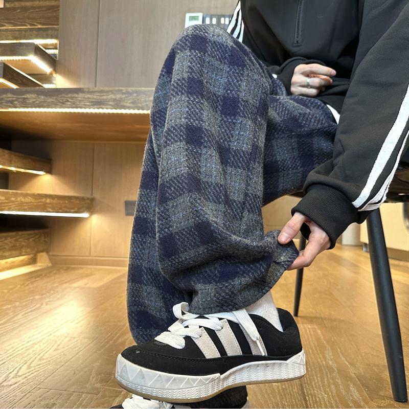 Plaid woolen men's casual pants, autumn and winter style, lazy style, thickened straight pants, American retro trendy brand wide-leg pants