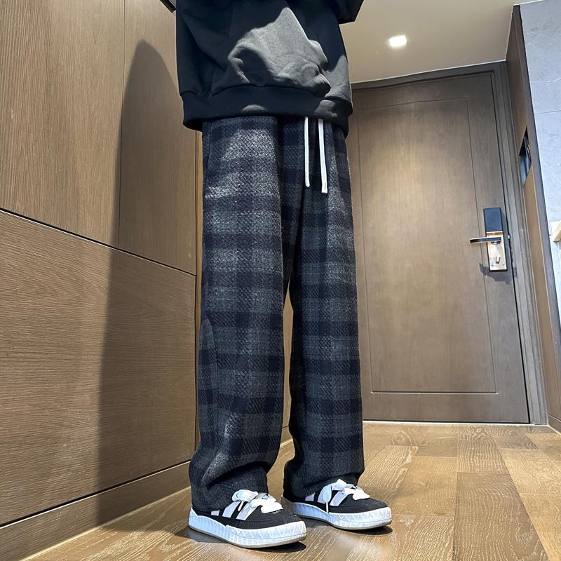 Plaid woolen men's casual pants, autumn and winter style, lazy style, thickened straight pants, American retro trendy brand wide-leg pants