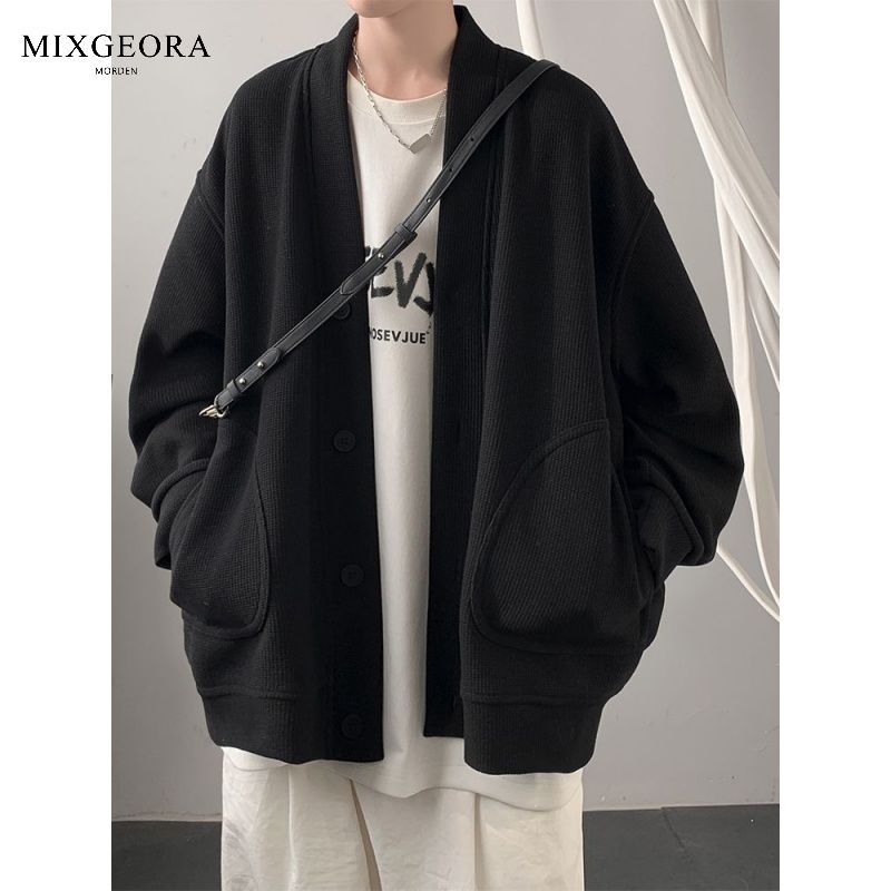 MIX GEORA華夫格重磅開衫衛衣男秋冬寬鬆V領長袖潮牌百搭夾克外套
