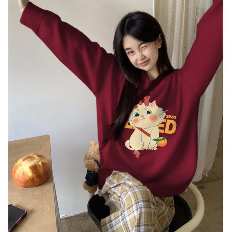 純棉重磅450G銀狐絨圓領衛衣女秋冬季國潮美拉德酒紅色寬鬆上衣女