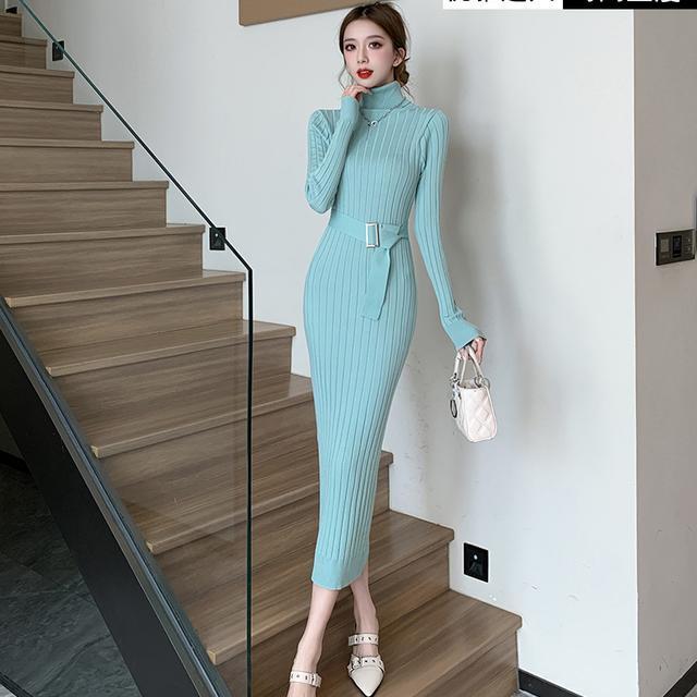 Celebrity simple autumn and winter turtleneck sweater base goddess style high waist elastic tight knitted hip dress