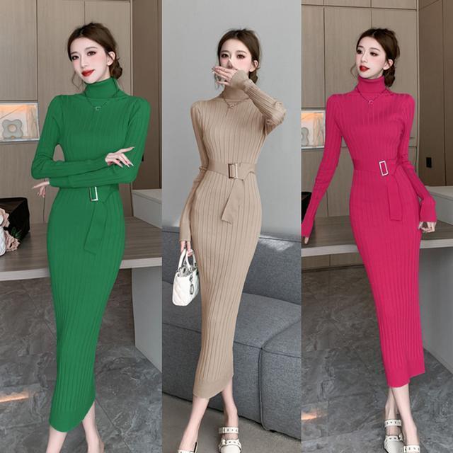 Celebrity simple autumn and winter turtleneck sweater base goddess style high waist elastic tight knitted hip dress