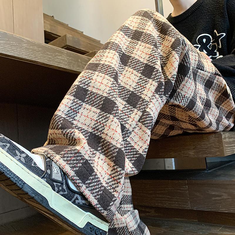Wool plaid casual pants for men in winter thickened American retro trendy brand handsome large size loose straight wide leg pants