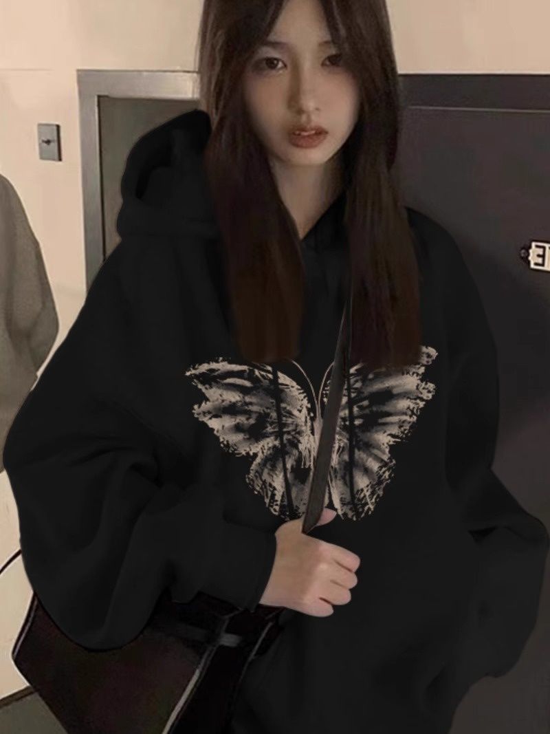 純棉重磅450G銀狐絨蝴蝶連帽衛衣女秋冬季加厚外穿美拉德外套女潮
