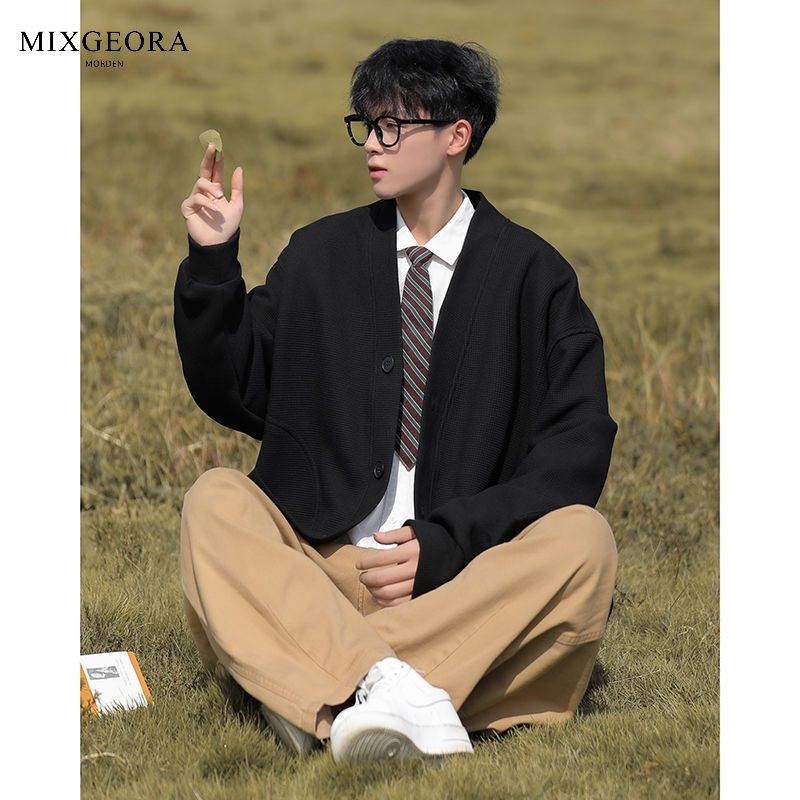 MIX GEORA spring and autumn heavy cardigan V-neck waffle sweatshirt loose and versatile American men's casual jacket